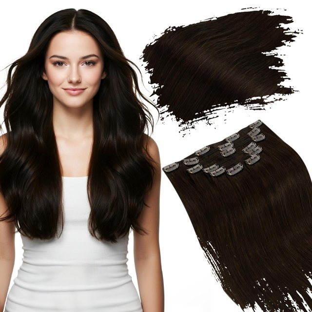 Ugeat Extensiones de cabello con clip de cabello humano de longitud corta, 16 pulgadas, extensiones de cabello marrón, clip en 7 piezas, 4.23 oz, extensiones de cabello natural con clip, marrón oscuro