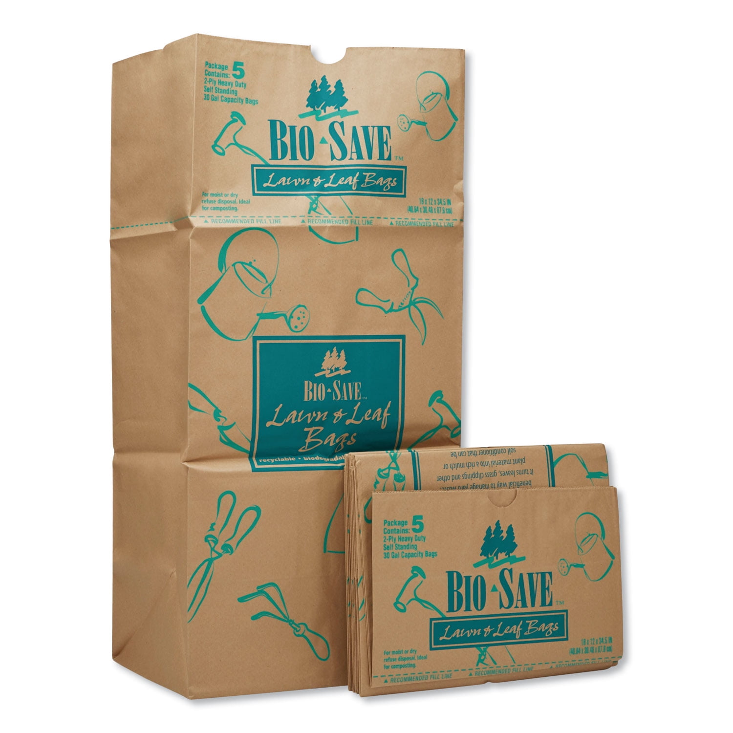 Made in USA 10 100% Biodegradable 30 Gallon 2 Ply Wet Strength Brown Kraft Paper Self Standing Lawn and Leaf Refuse Bags 