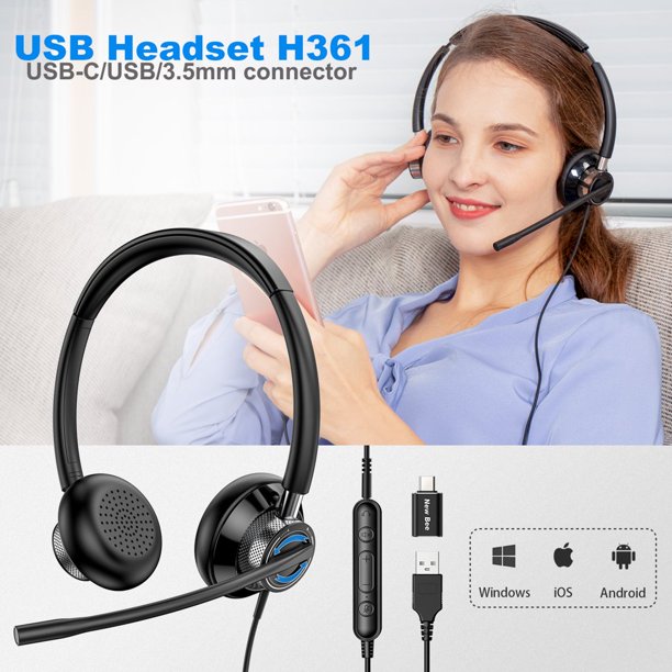 Computer Headset with Microphone, Laotop PC Headset for Call Center Office