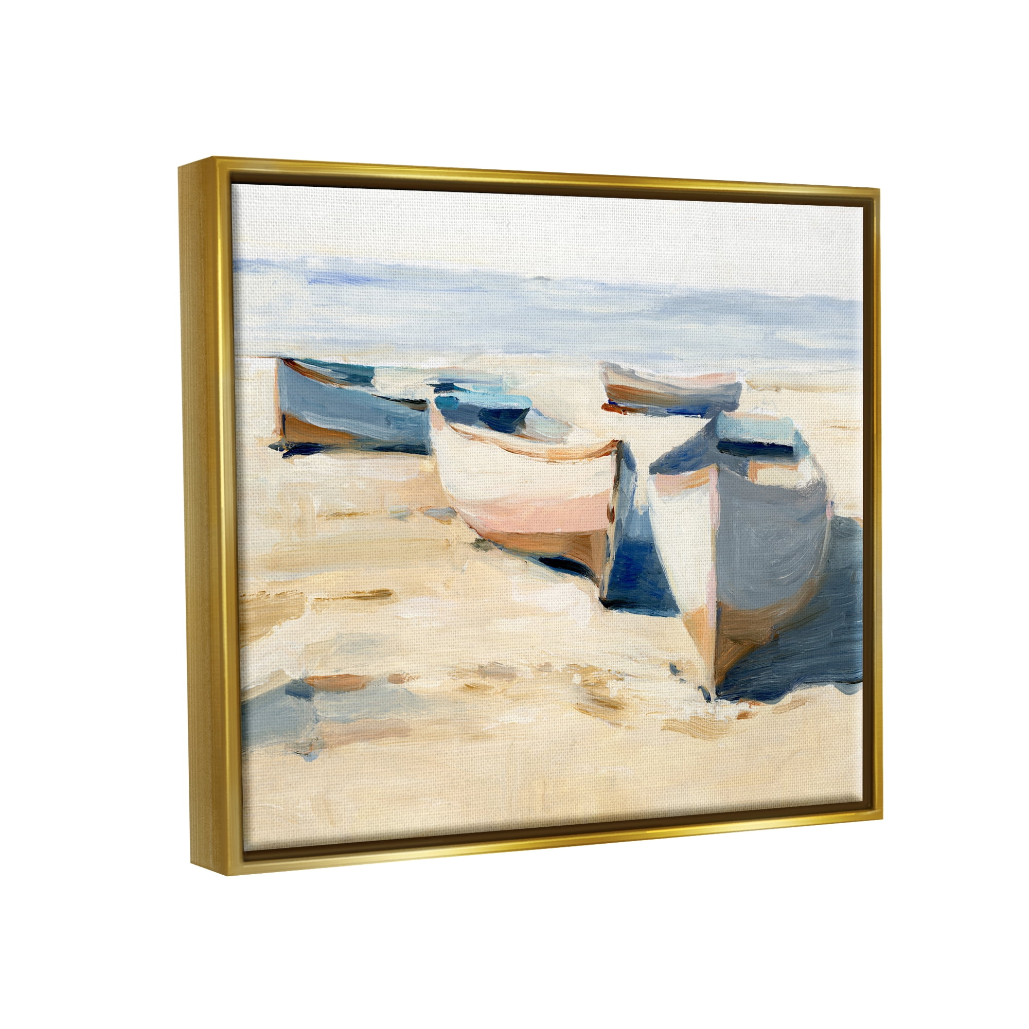Stupell Industries Boats on Beach Painting Transportation Painting Gold Floater Framed Canvas Art Print Wall Art, 21 x 17