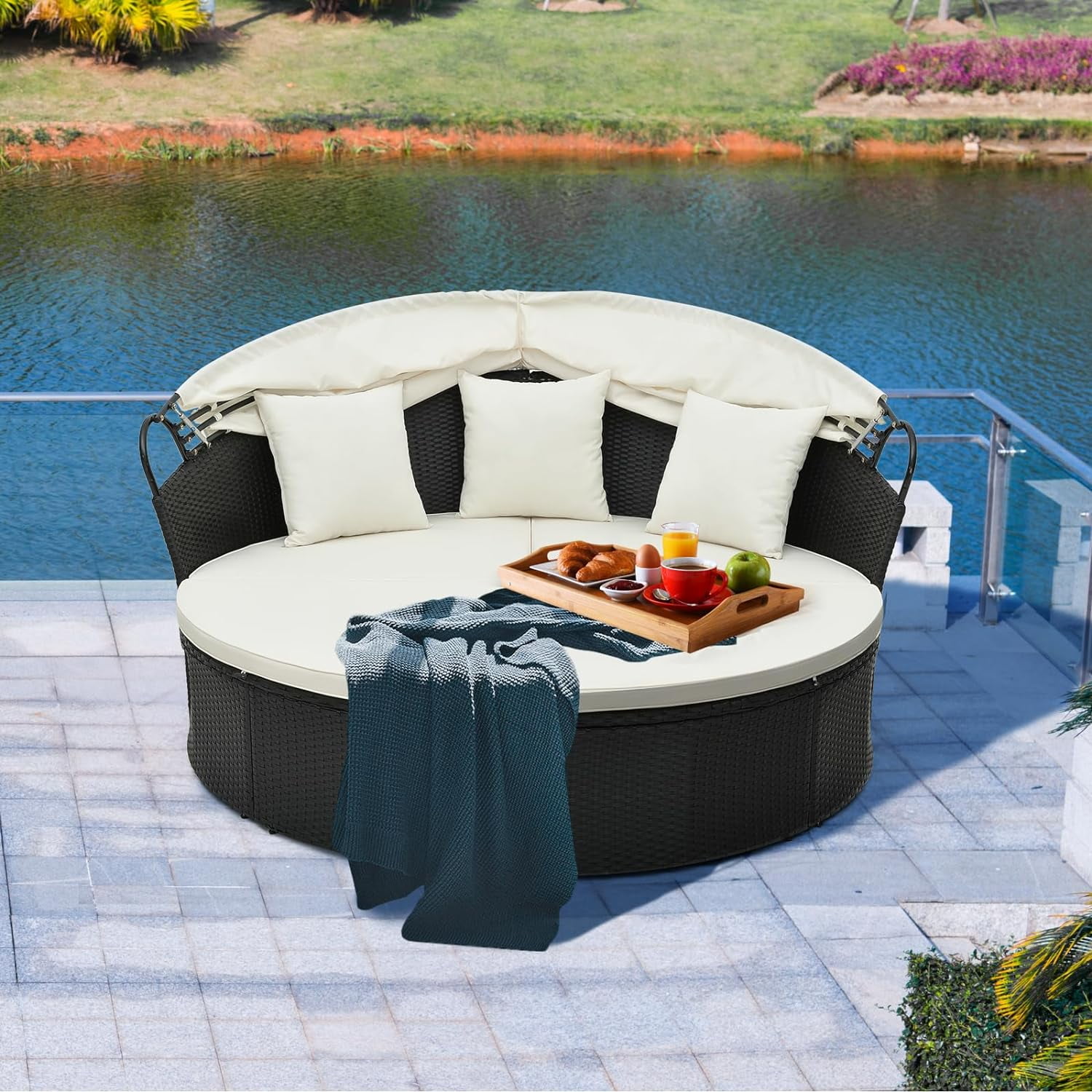 Gymax Outdoor Patio Round Wicker Daybed w/ Separate Seating Sofa, Retractable Canopy, 4 Cushion 3 Pillows Black & White