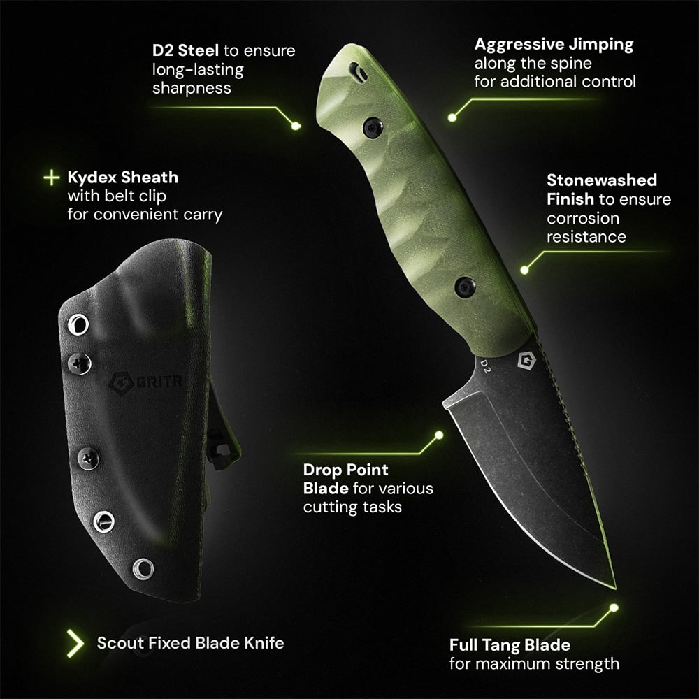 GRITR Scout Hunting EDC Drop Point Fixed Blade Knife w/ Kydex Sheath, ODG