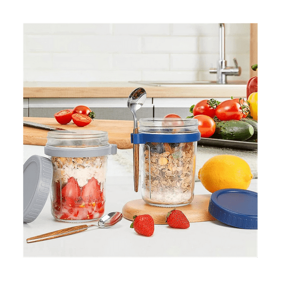 4 Pack Overnight Oats Containers with Lids and Spoons, 12 Oz Glass Mason Overnight Oats Jars, Airtight Oatmeal Container