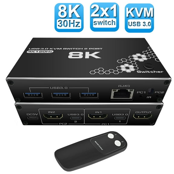 AUBEAMTO 4K/120HZ HDMI KVM Switch, USB 3.0 Switcher, KVM Switcher Support 8K@30Hz, 4K/120HZ, 1080/240HZ, 2 Computers Share 3 USB Hub Keyboard Mouse Switch and 1 RJ45 Ethernet Switch with Remote