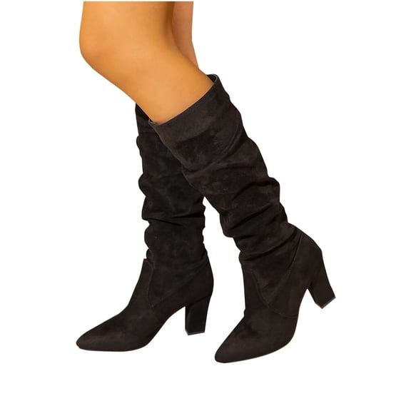 Purcolt Women's Slouchy Ruched Boots Comfortable Faux Suede Pointed Toe Chunky Block Heels Pull-on Mid Calf Boots Everyday Booties