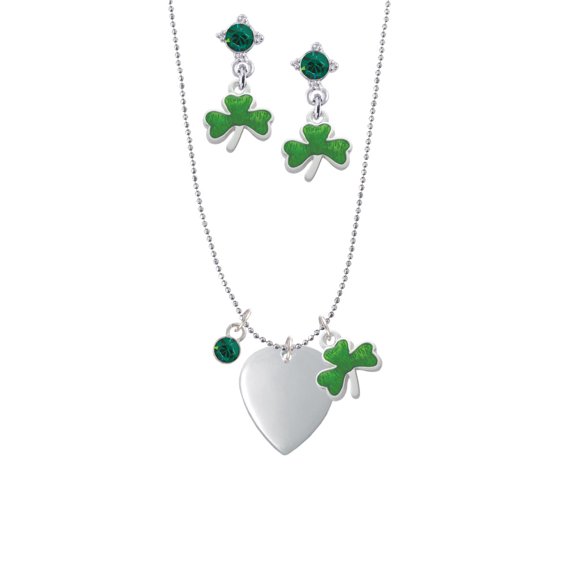 Delight Jewelry Silvertone Large Guitar Pick Green Shamrock Necklace and Clover Earrings Jewelry Set