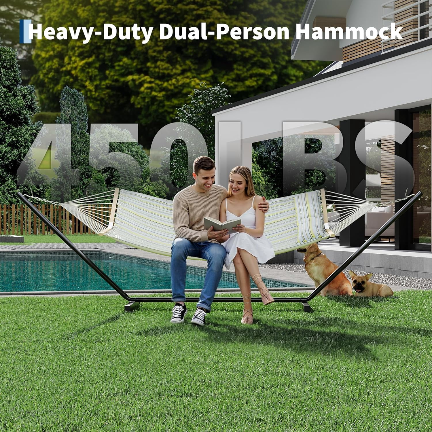 Garvee Double Hammock with Stand, Heavy Duty with Balance Rope, Blue & Green Stripes