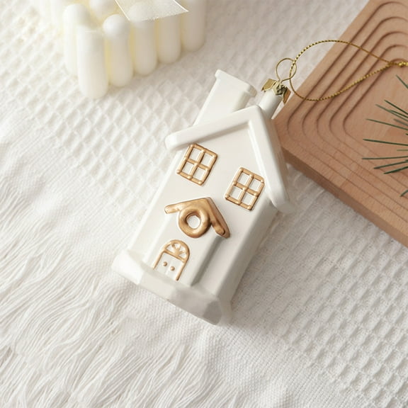 HomeKingdee Mini Christmas Tree Figurine - Decorative Tabletop Figurine for Holiday Decor - Small White & Gold Ceramic Christmas Tree Shelf Sitter