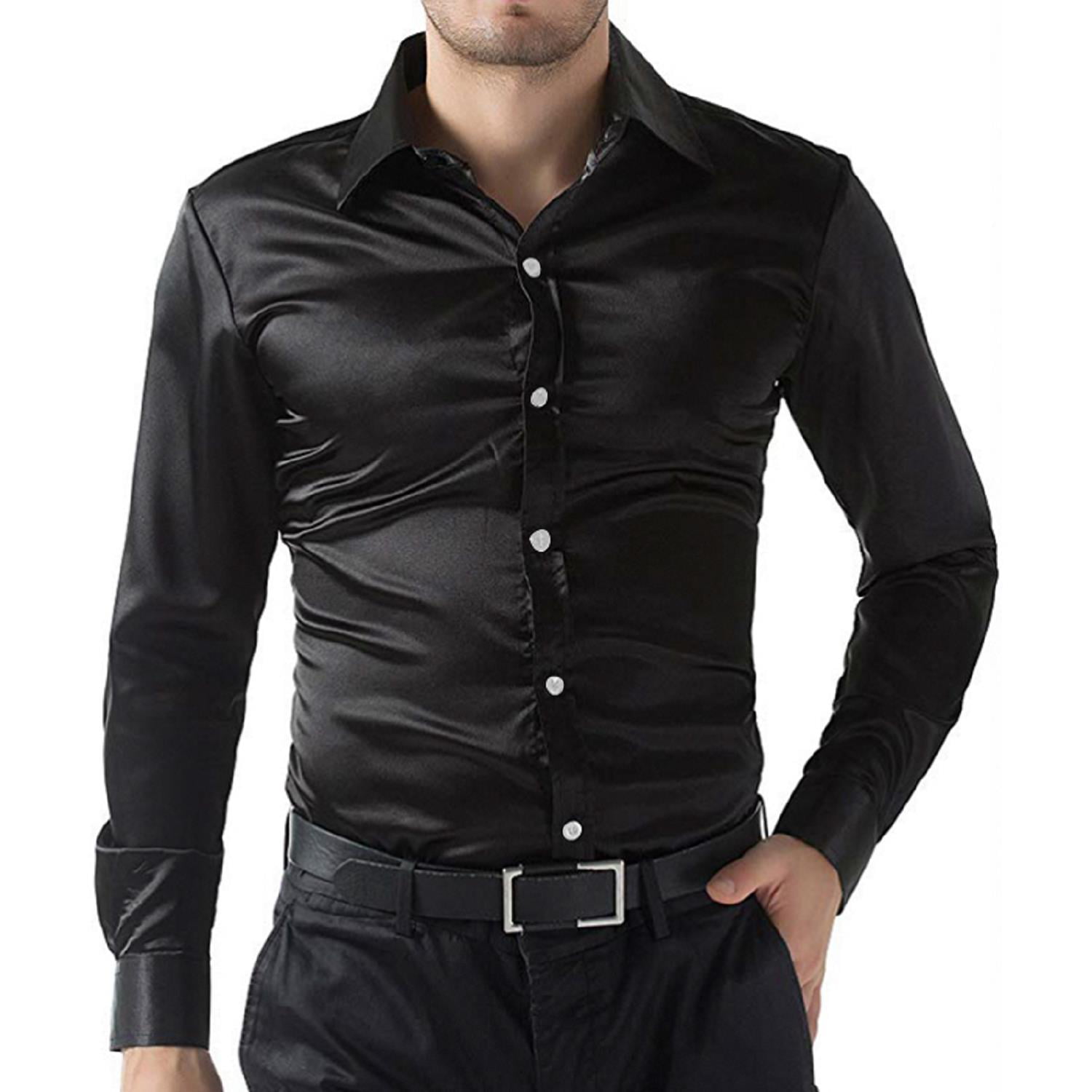 Jamlynbo Plus size S-XXL Men Formal Shirt Silk Satin Smooth Tuxedo ...
