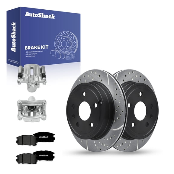 AutoShack Rear Vented Drilled & Slotted E-Coated Brake Rotors   Premium Ceramic Pads   Calipers 8-PC Brake Kit Replacement for 2010-2017 Chevrolet Equinox ShadowGuard 11.93" (302.9 mm)
