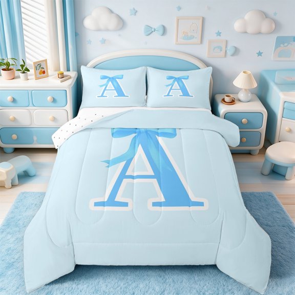 Manfei Letter A Monogrammed Bedding Comforter Set,Cute Cartoon Bowtie Twin Comforter Sets,Blue Bow Tie Bedding Set For Girls Kids,Microfiber Room Decorative Reversible,2pcs