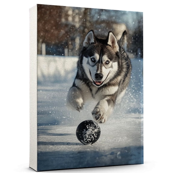 Siberian Husky Cute Dog Ice Hockey Stretched Canvas Size 8x12 – Retro Siberian Husky Dog Batter in Action With Ice Hockey for Themed Living Room