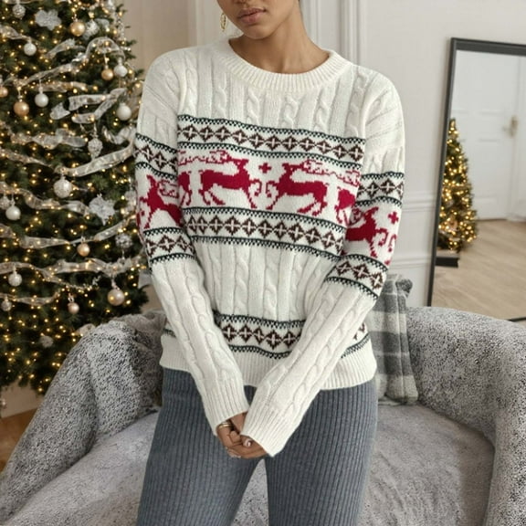 Women’s Christmas Print Knitted Pullover Sweaters Crew Neck Jumper Tops (White S)