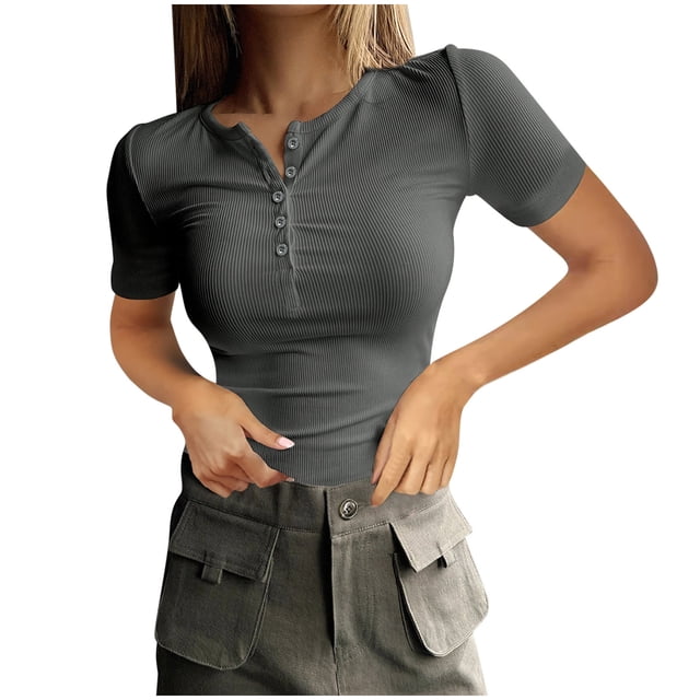 Plebaso Women's Slim Ribbed T Shirts Button up Short Sleeve Knit Tee Shirts Casual Going out Womens Tops