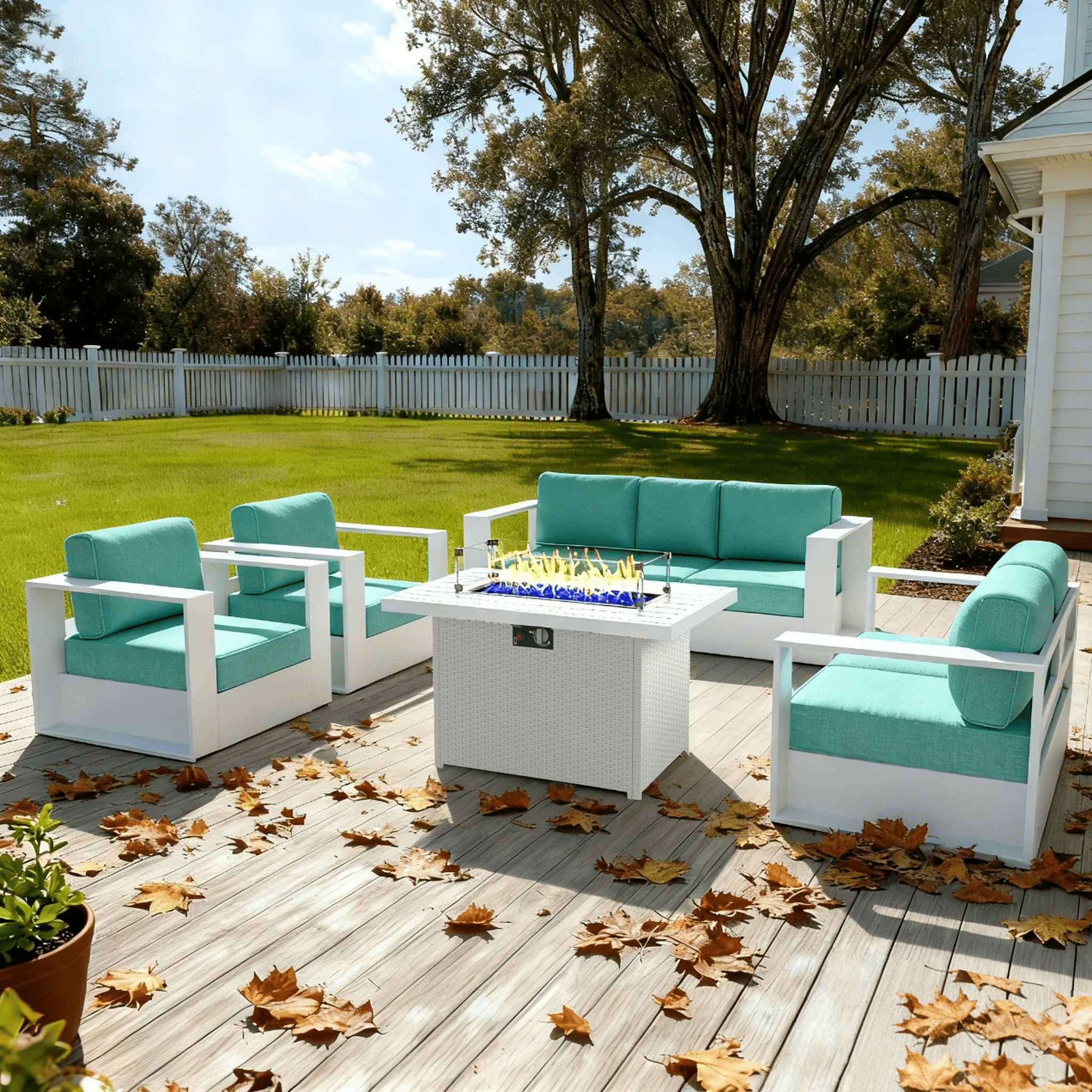 LayinSun Oversized Aluminum Outdoor Furniture Set, 4 Piece Patio Sofa Sets with Fire Pit Table, Deep Seating and Upgraded 6-inch Cushions for Porch, Balcony, Deck