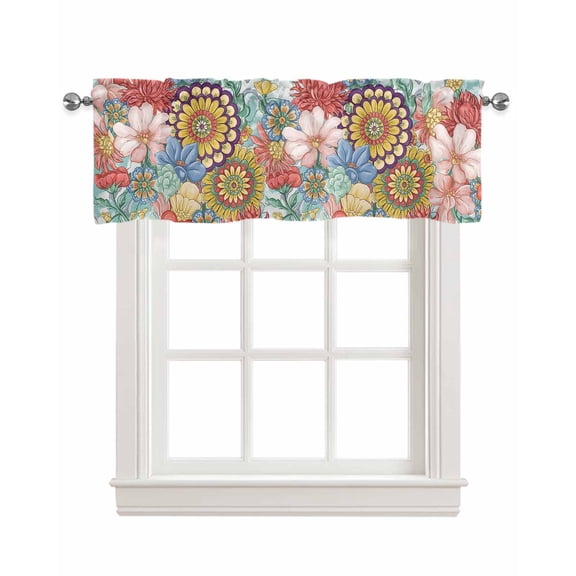 Boho Floral Kitchen Valances for Windows Farmhouse Linen Window Valance Curtain for Living Room Window Treatment Bohemia Country Colorful Mandalas Flower Valance Rod Pocket Topper Drape, 60 x 18 Inch