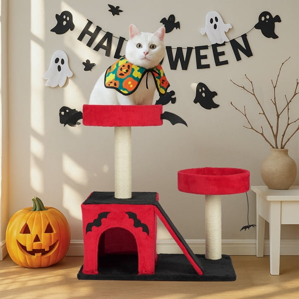 Alvantor Gothic Cat Tree Tower with Condo, Padded Perches & Scratcher, 26-inch, Red/Black