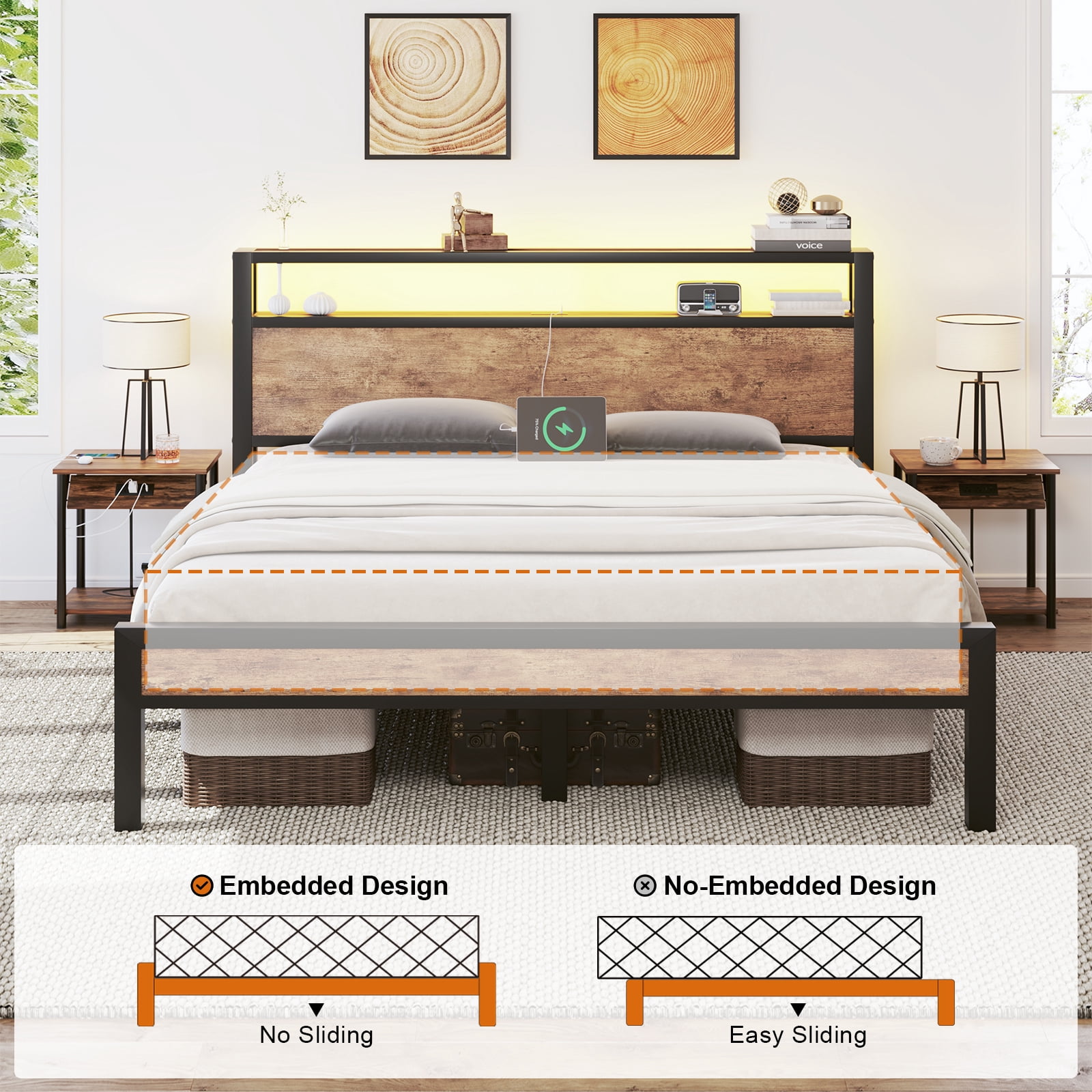 Full Size Bed Frame with LED Lights,Metal Platform Bed with 2-Tier Storage Headboard and Charging Station, Brown