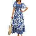 thumbnail image 2 of Women'S 2025 Summer Short Sleeves Boho Floral Print Tiered Casual Flowy Long Maxi Dress Blue & White S, 2 of 9