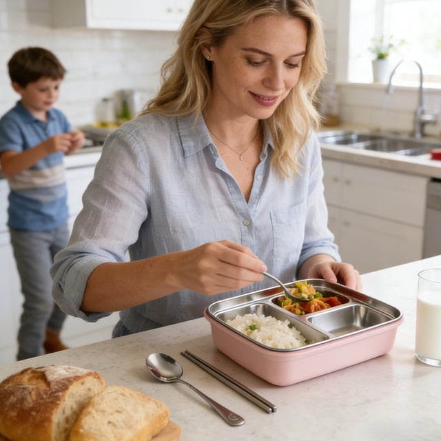 Stainless Steel Bento Box Divided Airtight Lunch Container with Secure Closure, 24 x 18.5 x 7 cm, Black/Blue/Pink/White, Meal Prep Food Box