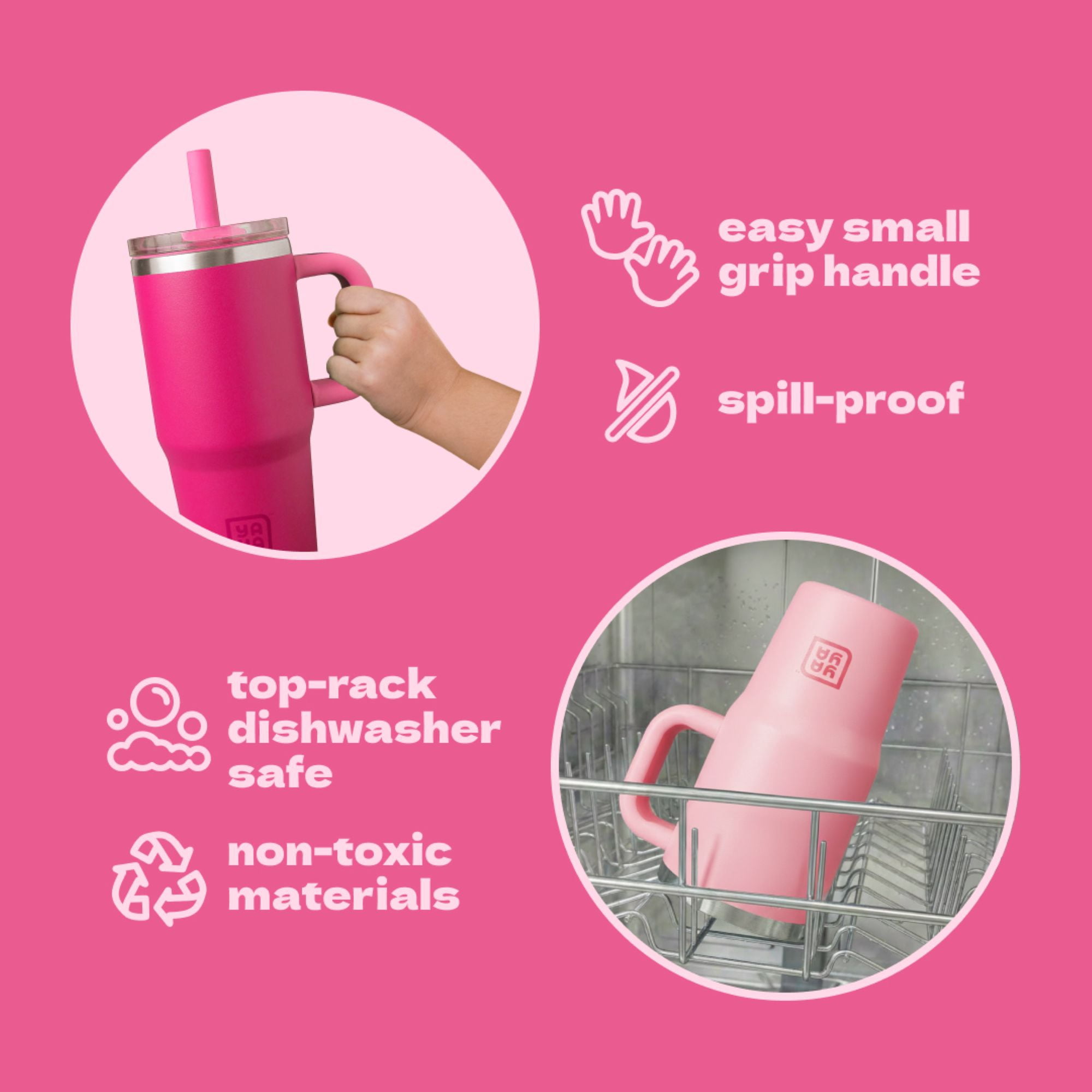 YAYA My First Travel Tumbler for Preschool & Kids 3+, Insulated Stainless Steel Tumbler with Reusable Silicone Straw & Spill-Proof Lid, Cup Holder Compatible, BPA-Free, 12oz, Fuchsia