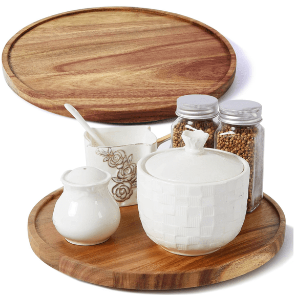 2pcs Wooden Lazy Susan Turntable Set, Rotating Spice Rack Organizer for Kitchen Cabinet & Countertop, Includes 8'' (20cm) and 10'' (25cm) Trays