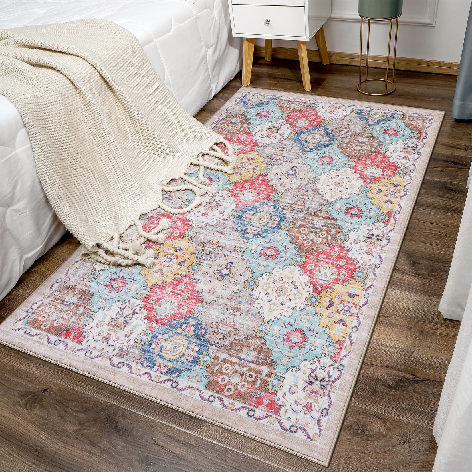 Toyoso 3x5 Area Rug Living Room Rugs - Washable Vintage Floral Soft Thin Large Rug Indoor Floor No Slip Rug Carpet for Bedroom Under Dining Table Home Office Decor - Multi Red