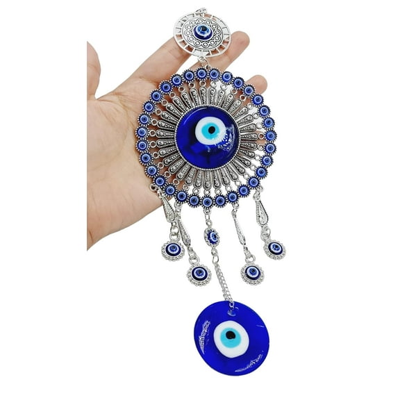 Turkish Evil Eye Hanging For Home Entrance Door Decoration, Nazar Battu for Home Protection, Good Luck Charm and Prosperity (Blue and Silver)