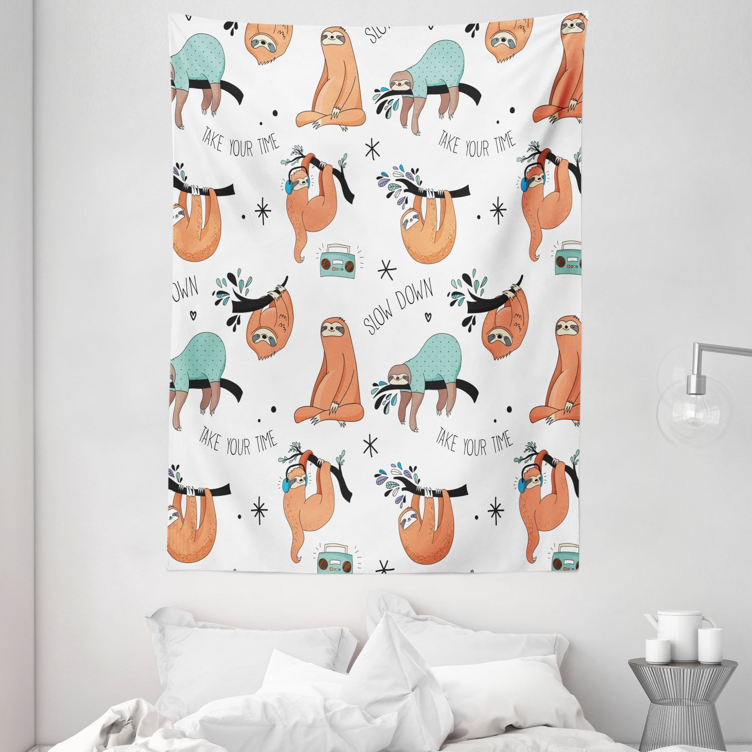 Sloth Tapestry, Pattern with Cute Hand Drawn Sloths on Branches ...