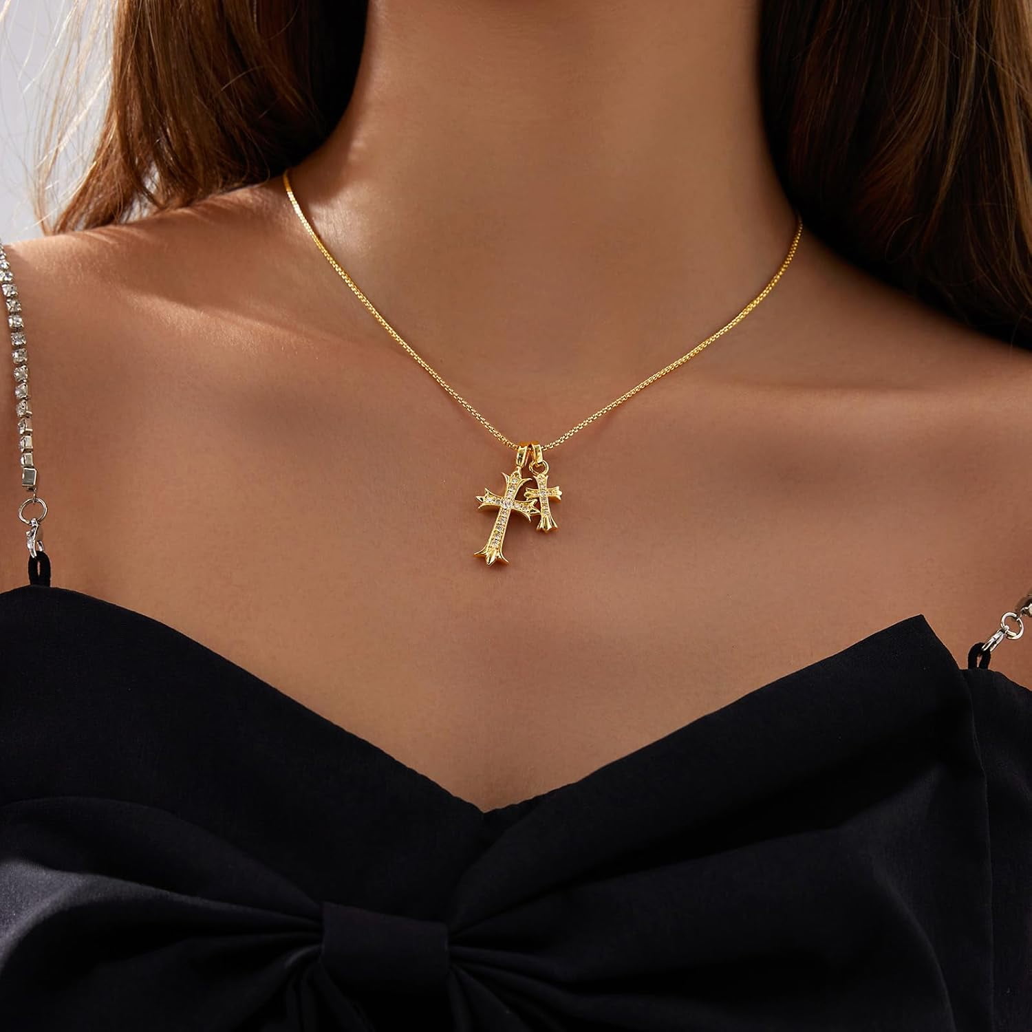 XH Gold Cross Necklace for Women 14K Plated Dainty Pendant Cross Chain Faith Crucifix Choker Baptism Necklace for Women Trendy Religious Jewelry Hypoallergenic