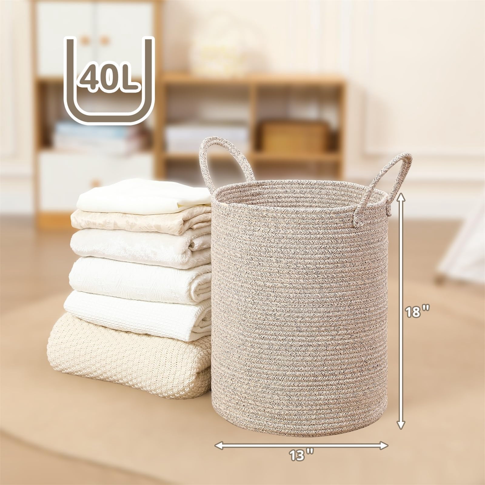 60L Large Woven Laundry Basket Hamper, 100% Natural Cotton Rope, Handwoven & Durable, Storage for Blankets, Toys, Clothes, Nursery Hamper for Living Room, Baby Room, Bedroom (Brown and White)