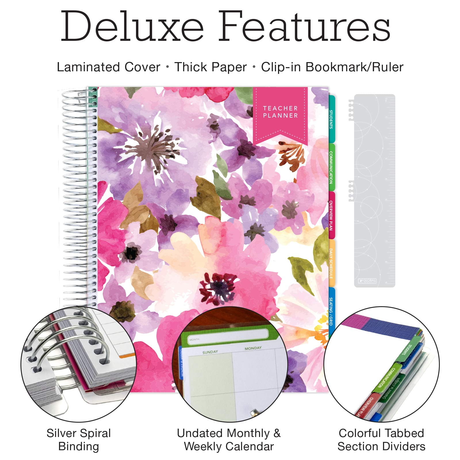 DELUXE Undated Teacher Planner - Includes 7 Periods, Page Tabs, Bookmark, and More! - Spring Bloom - 8.5"x11" - DTP-0005-U