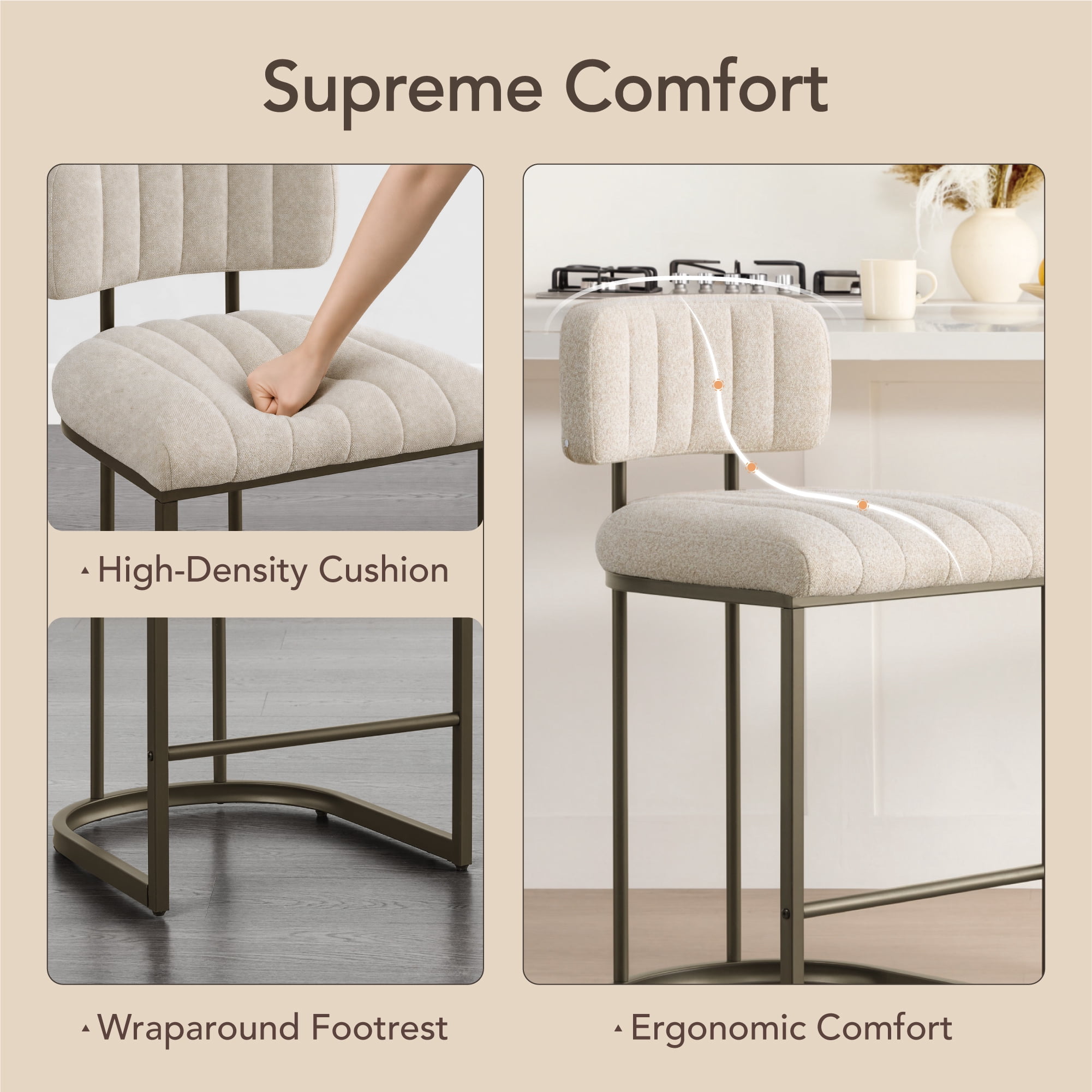 Spruce & Spring 26" Fixed Counter Height Bar Stools Set of 3, Upholstered Counter Chairs with Curved Back & Channel Tufting, Metal Base for Kitchen Island & Home Bar, Sand Fabric