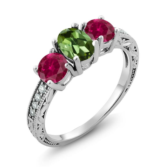 Gem Stone King 2.82 Ct Oval Green Tourmaline Red Created Ruby 925 Sterling Silver Moissanite Ring (Size 5)