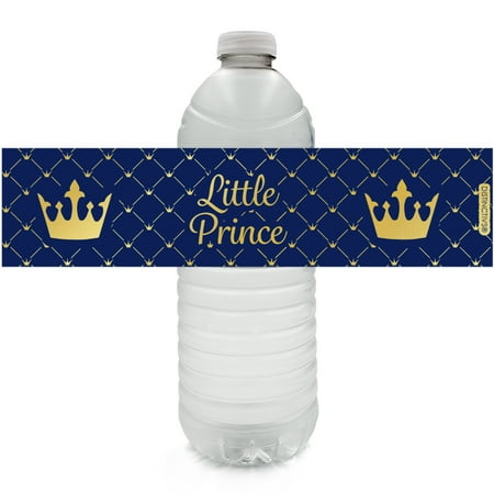 Gold Foil Prince Baby Shower Water Labels - 24ct Water Bottle Labels - Royal Blue Little Prince Baby Shower Decorations for Boy - 24 Count Stickers