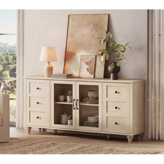Farmhouse Sideboard with Adjustable Shelf, Glass Door Buffet Cabinet for Kitchen, Beige