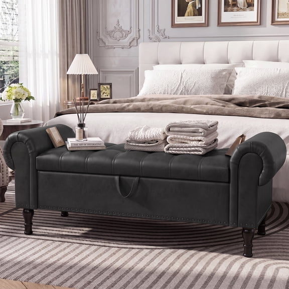 YOUDENOVA 60" Storage Bench for Bedroom, Queen Faux Leather Storage Ottoman Bench with Button, Upholstered End of Bed Bench with Rolled Arms for Bedroom, Living Room, Entryway,Dark Gray