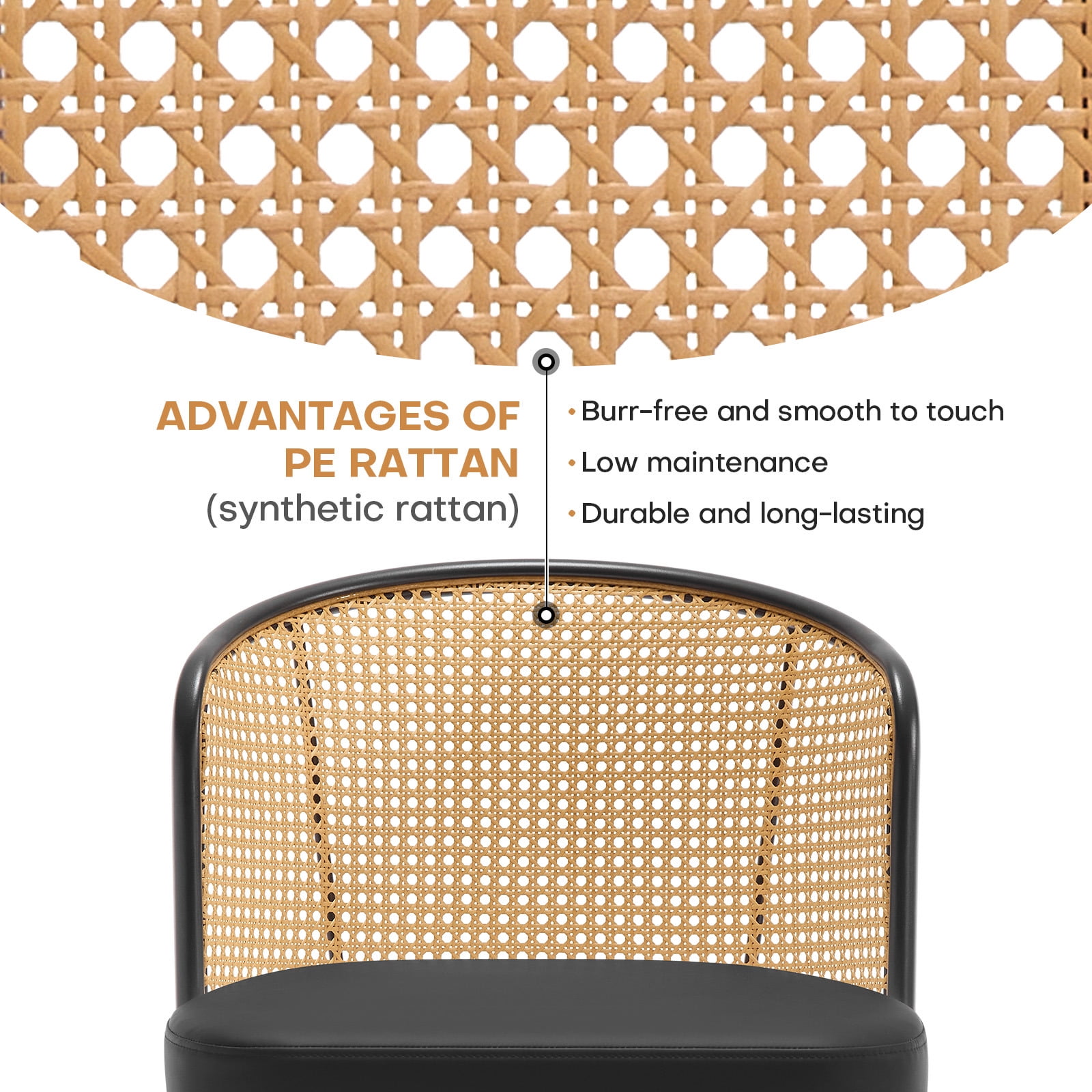 Foreate Cane & PU Swivel Barstools Set of 2, 29" Seat Counter Height w/ Rattan Mid-Back Metal Legs, Upholstered Leather Modern Armless Bar Stools Chairs for Kitchen Island Pub