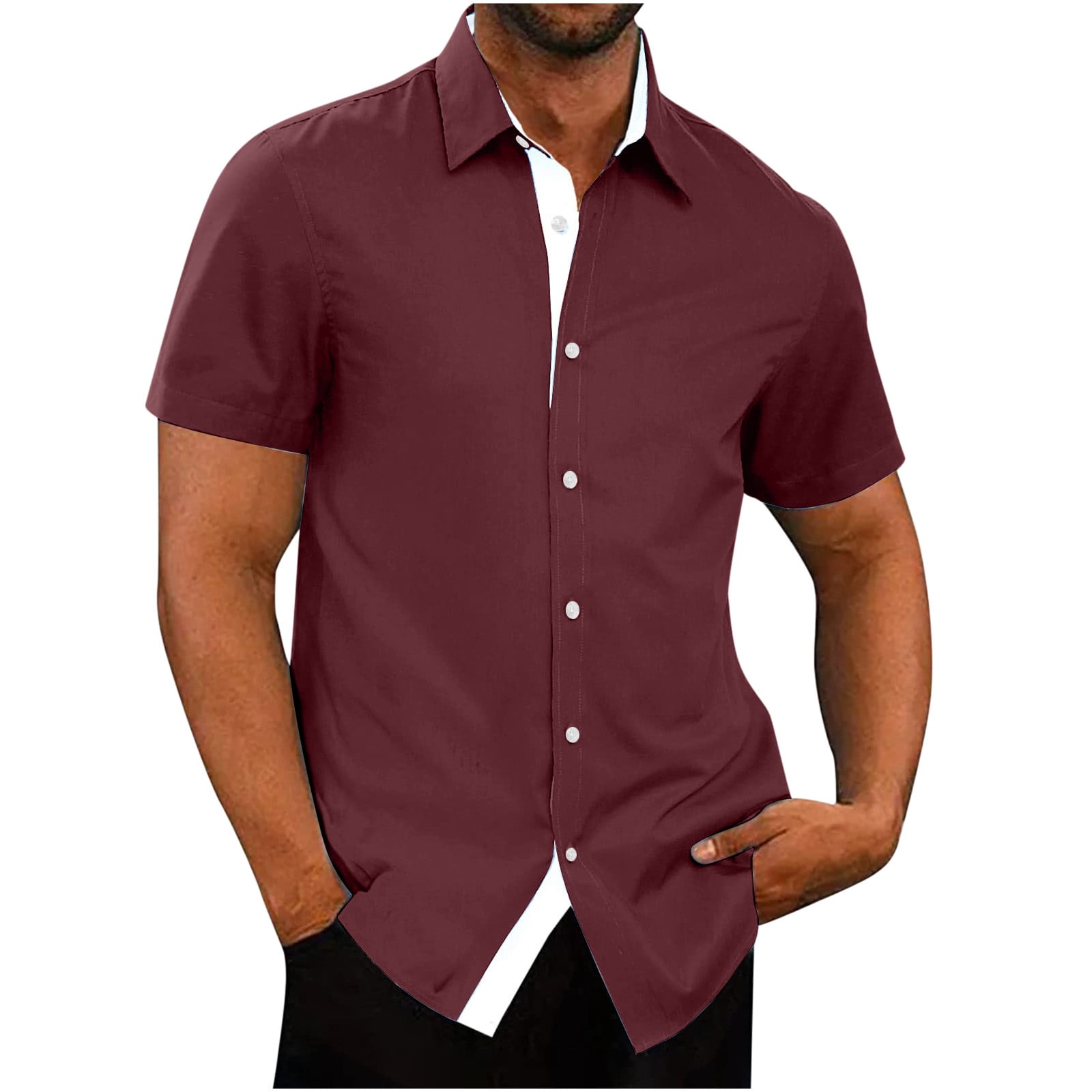 Oalirro Men Short Sleeve Cotton Turndown collar Business Mens Tshirts  Graphic Wine XXL