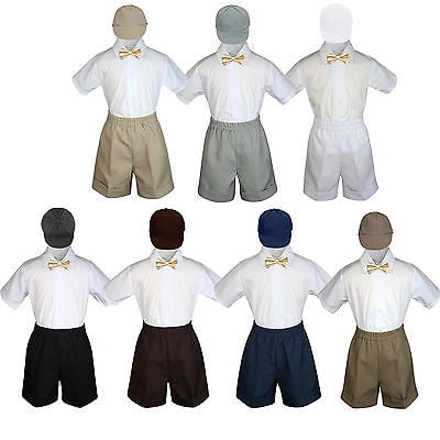 4pc Set Boy Toddler Formal Champagne Bow Tie White Navy Khaki Shorts + Hat S-4T