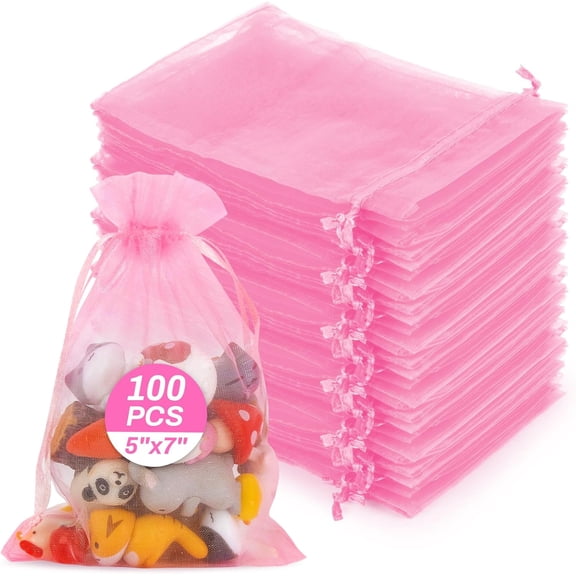 100pcs Organza Bags 5''x7'' - Sheer Mesh Drawstring Bags for Jewelry, Soap, Fruits, Candy, Small Gift Bags for Weddings, Valentine's Day, Mother's Day, Halloween, Thanksgiving