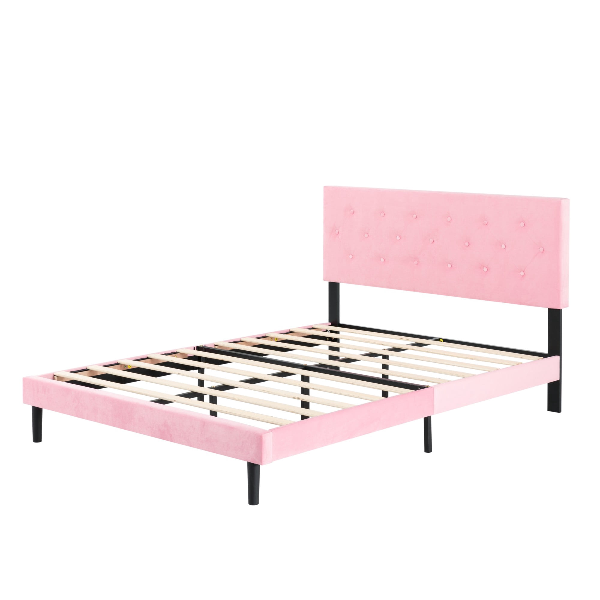 Gewnee Queen Size Bed Frame,Velvet Platform Bed with Upholstered Button Headboard,Modern Bedroom Furniture with Wood Support,No Box Spring Needed,Pink