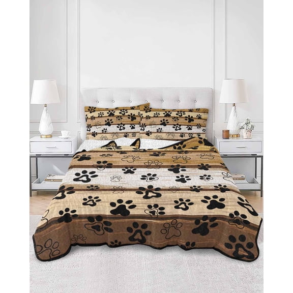 Quilts Twin XL Size, Brown Cat Paw Print Soft Comforter Bedding Set for Bed, Vintage Farmhouse Country Wooden Grain Lightweight Quilted Bedspread with Pillow Cover(2 Pieces), 68x98 Inch