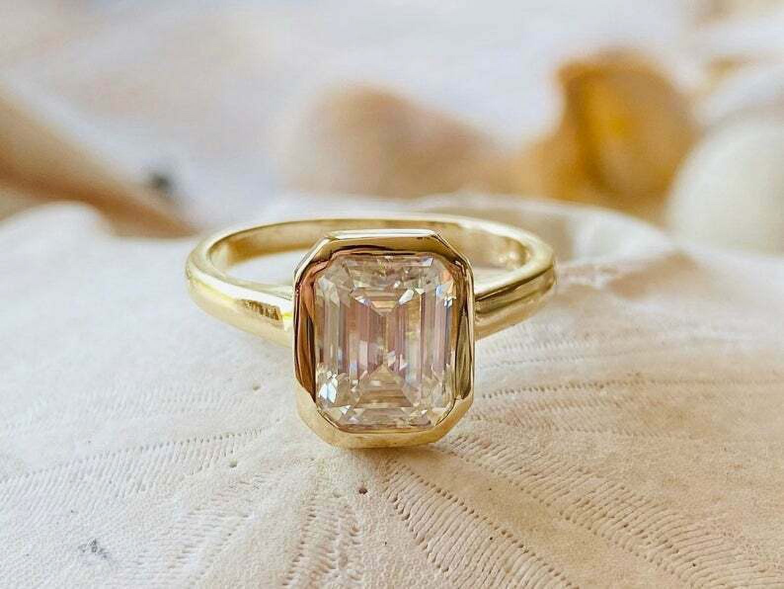 HeartsAndYou 2ct Engagement Ring for Women Emerald Cut Moissanite Bezel Set Solitaire 18k Yellow Gold over Silver