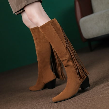 

Zedker Womens Fashion Boots Wide Calf Boots Women Women s Warm Solid Tassels Retro High Heel Round Head Boots Shoes