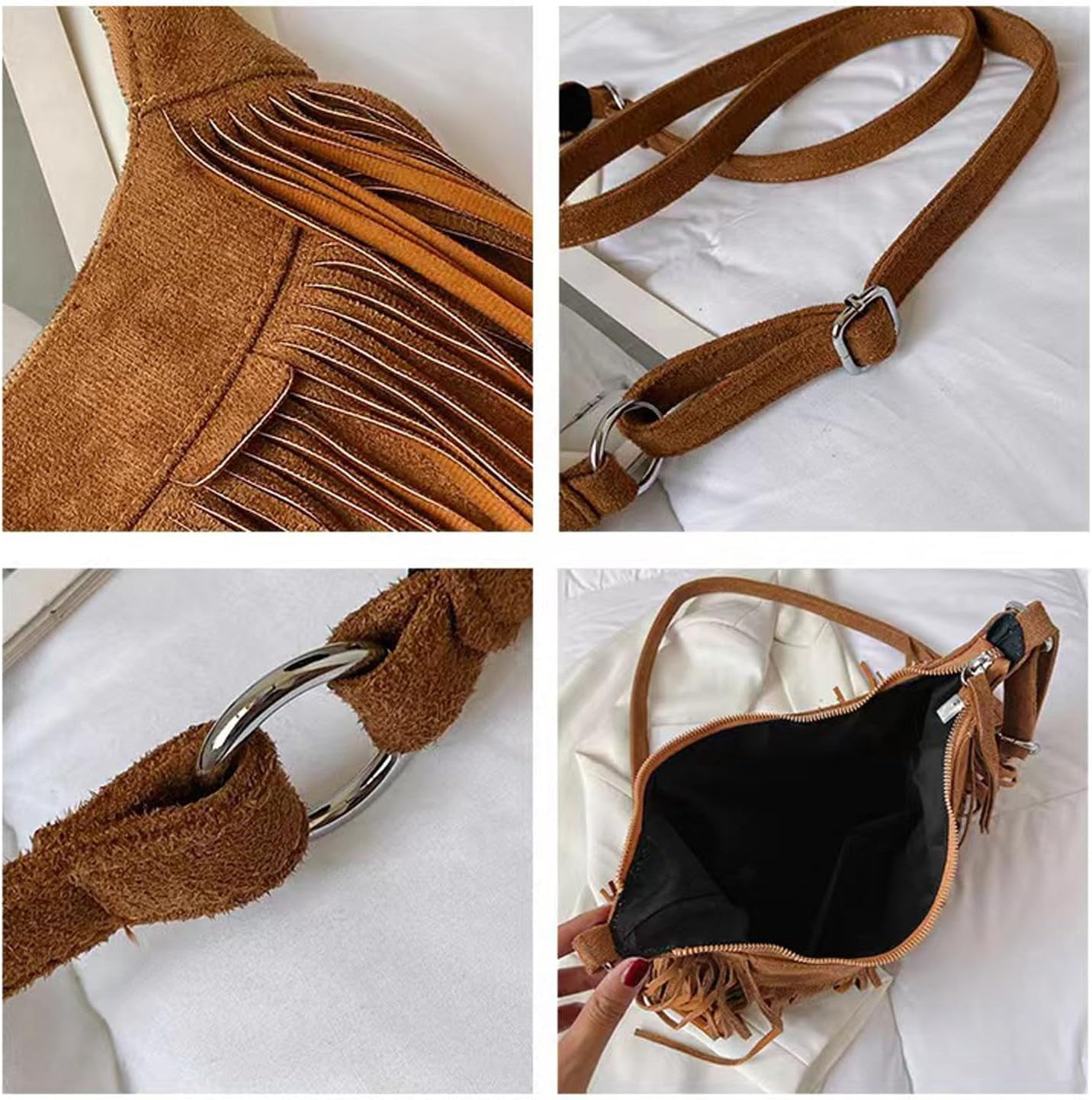 Women Fashion Fringe Purse Crossbody Bags Vegan Suede Hippie Tassel Hobo Shoulder Bag Vintage Handbags