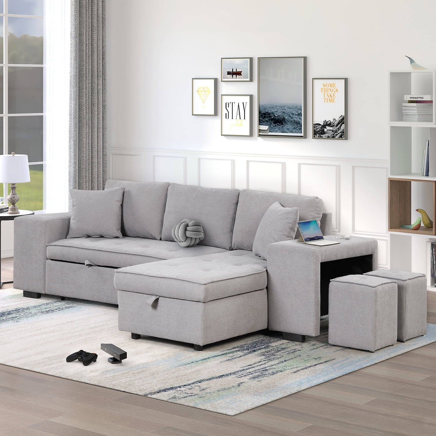Harper & Bright Designs 104" Reversible Sectional Couch with Pull Out Bed, L Shape 3 Seat Sleeper Sofa with Storage Chaise and 2 Stools for Living Room, Gray