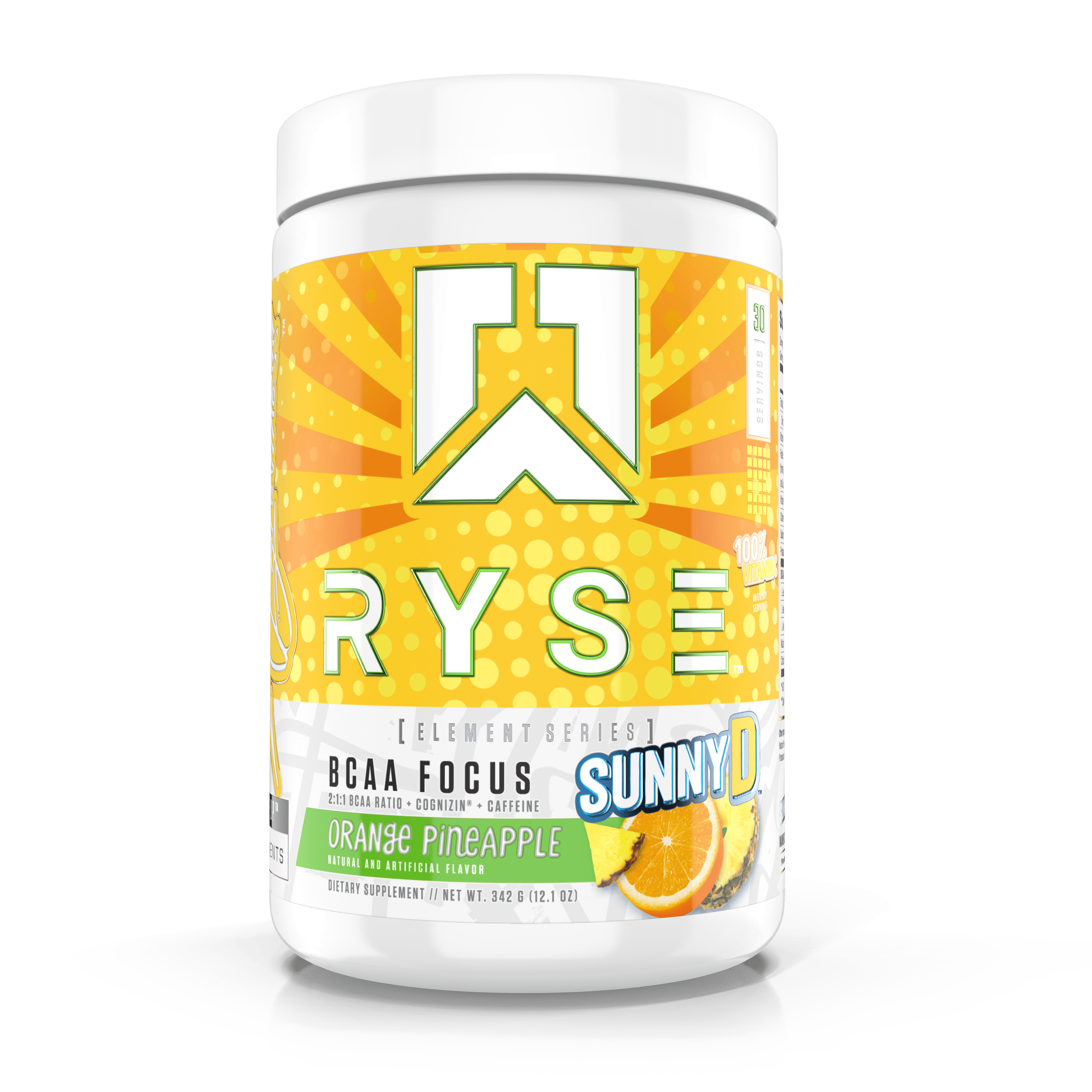 RYSE Element Series, BCAA Focus Intra Post Workout Powder, SUNNYD Orange Pineapple, 30 Servings