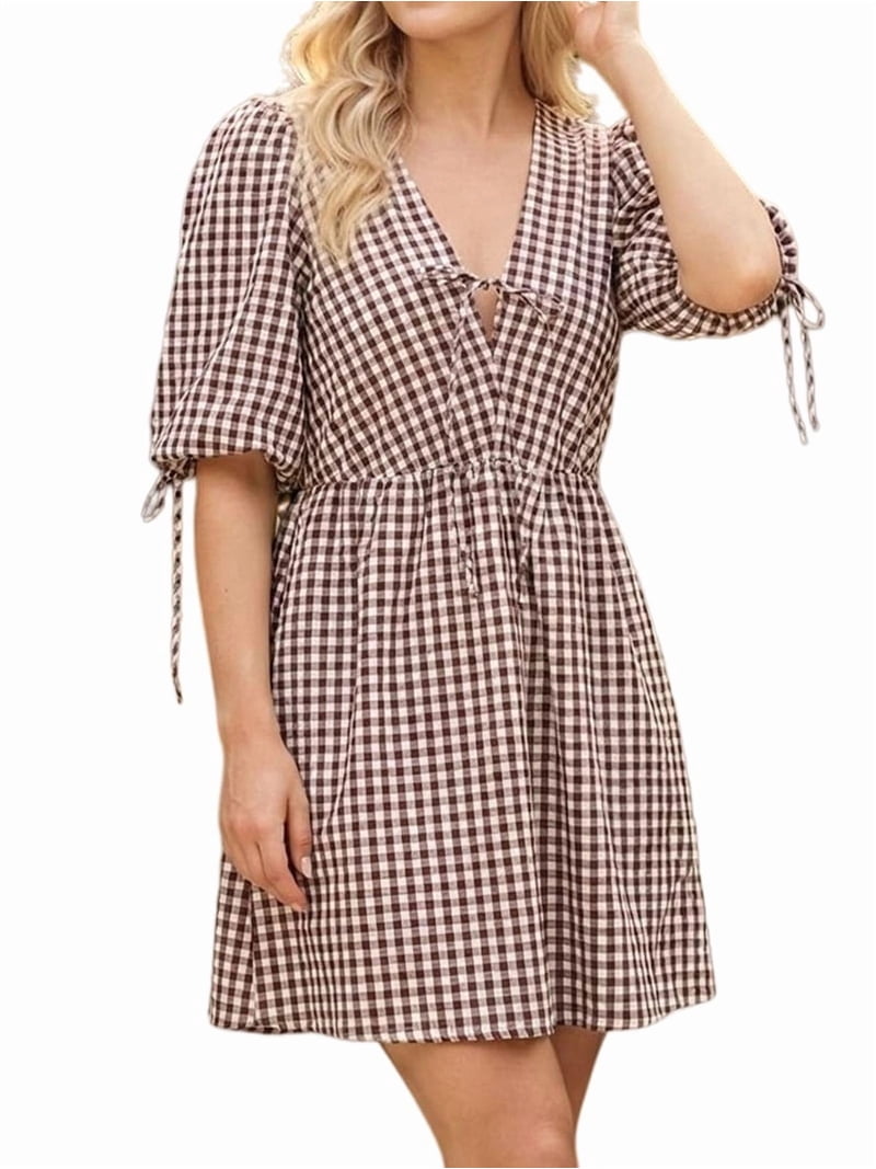 Women's Mini Puff Sleeve Gingham Tie Front Babydoll Dress for Daily Wear Black M