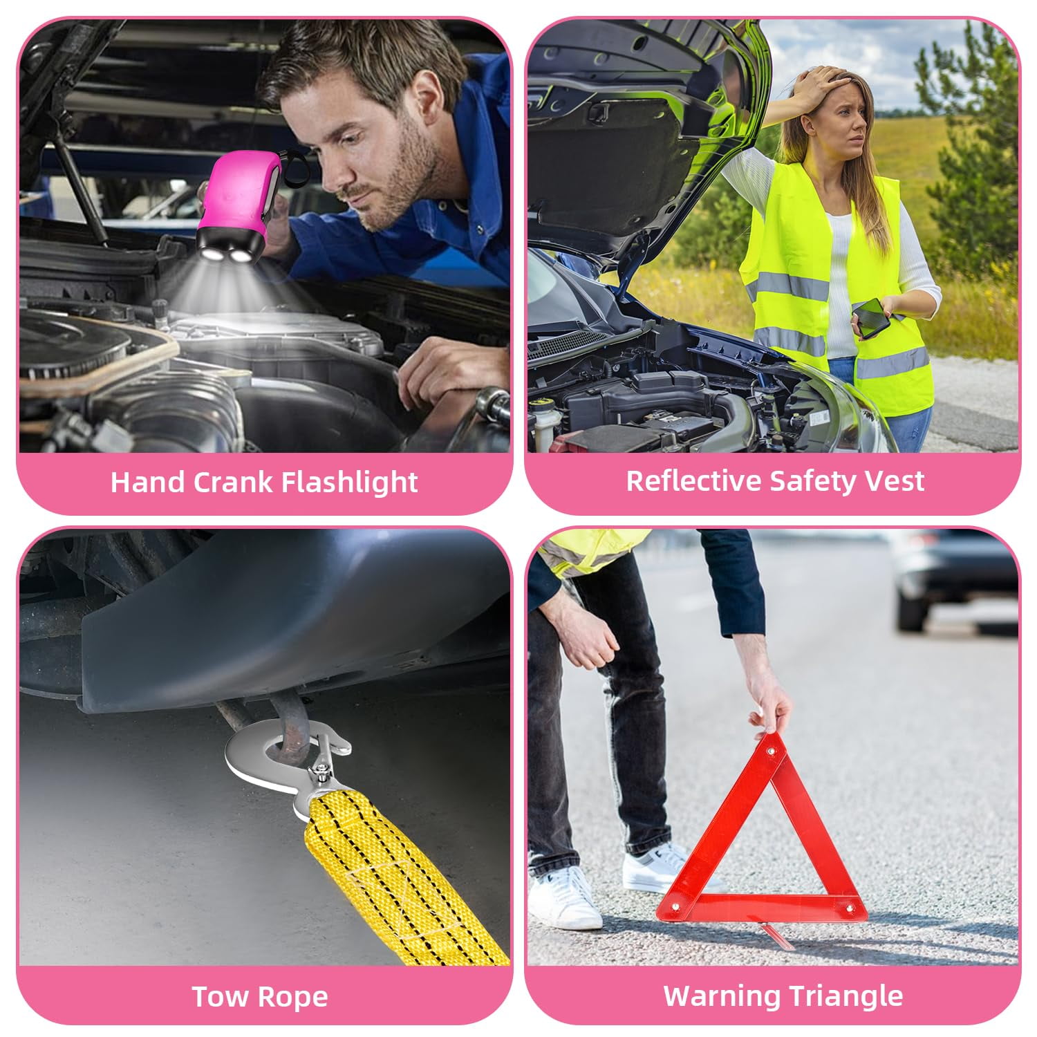 Roadside Emergency Car Kit for Vehicles, Pink Car First Aid Kit Emergency Kit with Jumper Cables, Car Safety Kits, Tow Strap, Tool Kit, Road Trip Assistance for Men, Women, New Driver Gifts